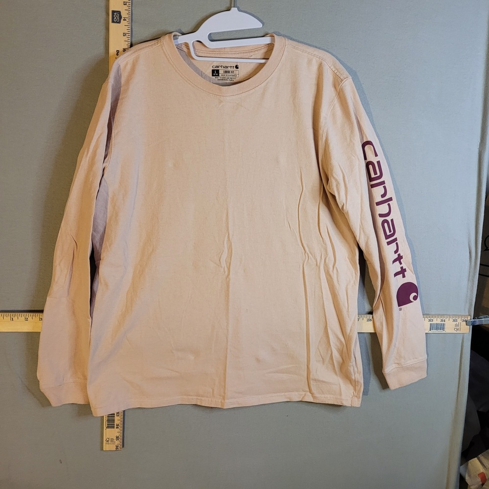 Carhartt Boys Lg 12-14 Long Sleeve T-Shirt Loose Fit Peach Purple Logo Graphic